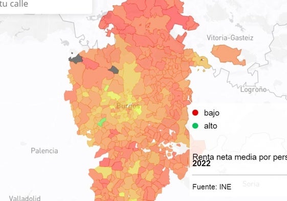 Mapa con la renta por distritos en Burgos.