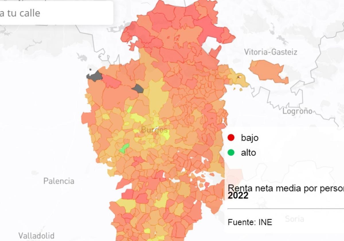 Mapa con la renta por distritos en Burgos.