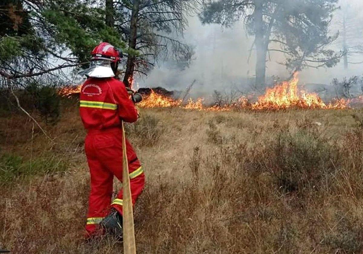 Un bombero ayuda en las labores de extinción de un incendio.