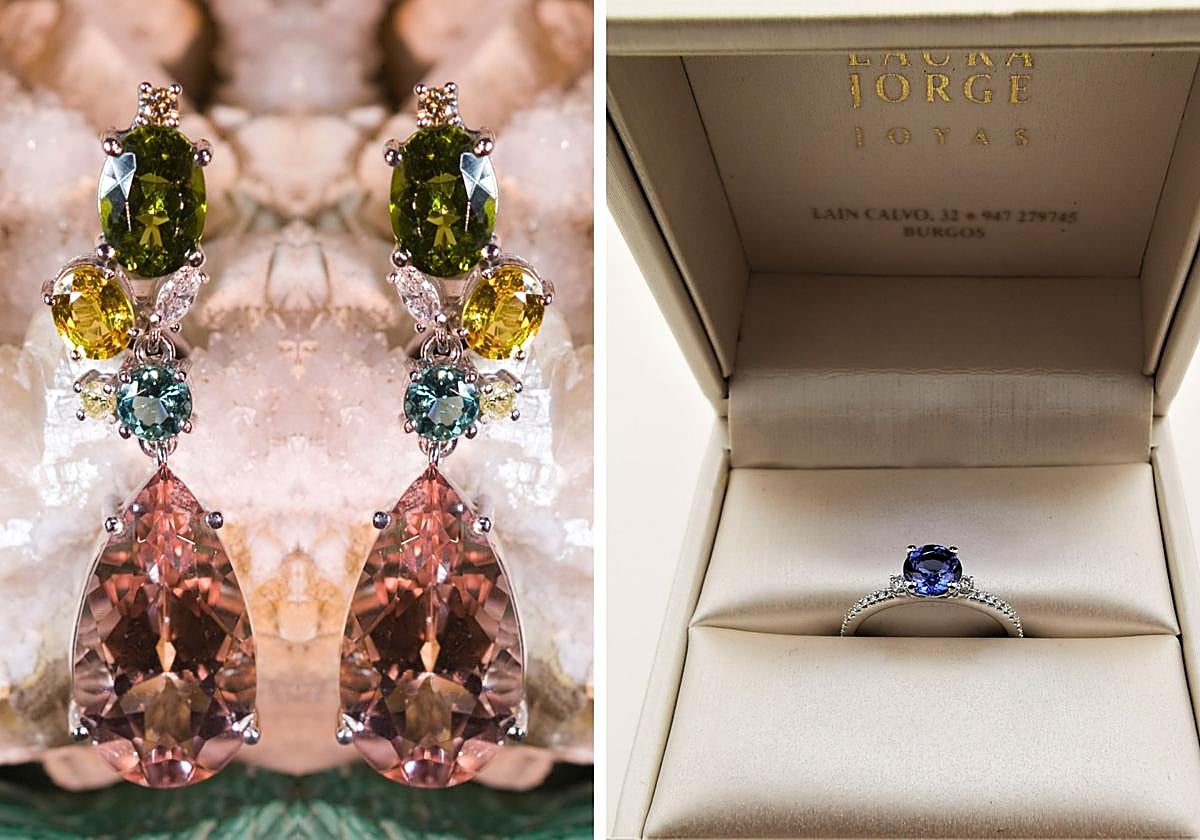 A la izquierda, Perilla en morganita, turmalinas, zafiro amarillo y diamantes; a la derecha, otras las creaciones de Laura Jorge.