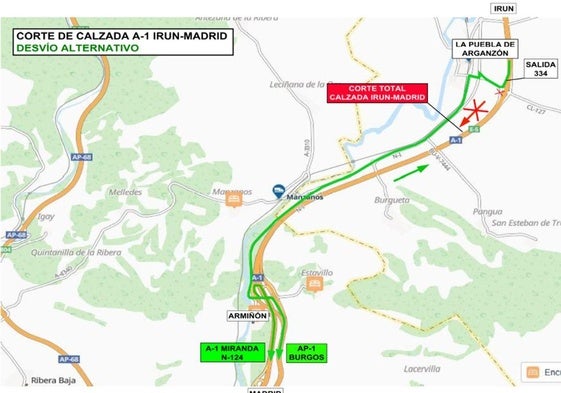 Mapa explicativo con el corte de calzada y el desvío alternativo.