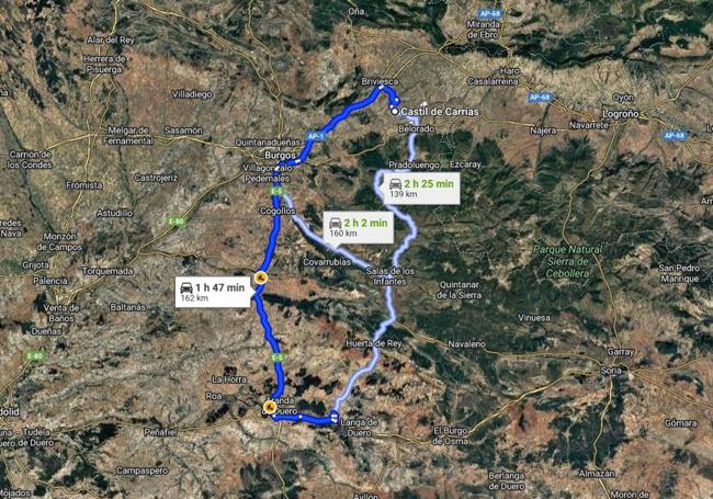 Distancia entre los dos Castil de Carrias repetidos en Burgos.