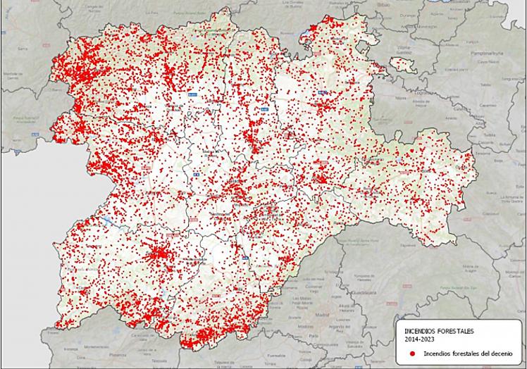 Mapa de puntos de inicio de incendios forestales, 2014-2023.