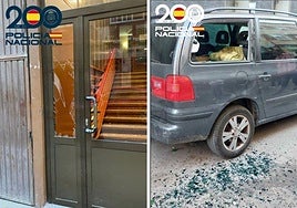 Daños causados por la pelea en un vehículo y un portal de la calle Hospicio de Aranda.