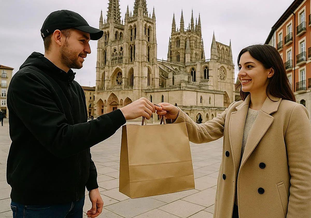 Imagen creada a través de Inteligencia Artificial de un repartidor entregando su pedido a una mujer en Burgos.