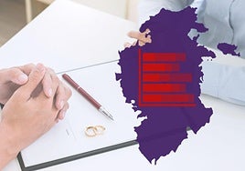 Imagen de una pareja firmando el divorcio junto a un mapa de la provincia de Burgos y un gráfico