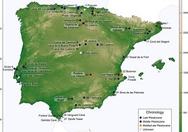 Mapa de los neandertales ibéricos y sus antepasados analizados en este trabajo.