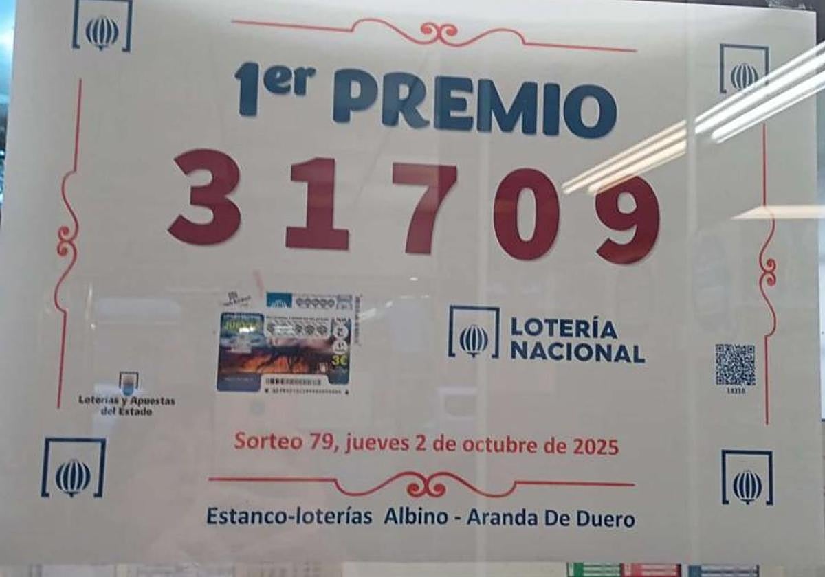 Estanco López de Aranda de Duero anunciando el premio de la Lotería Nacional.
