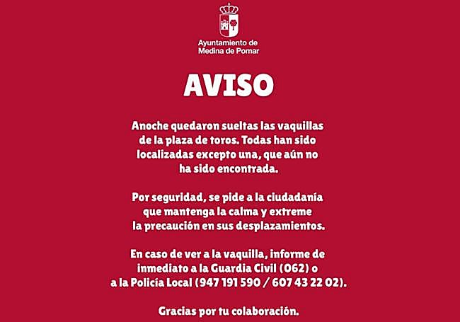 Anuncio del Ayuntamiento de Medina de Pomar para que sus vecinos extremen la precaución.