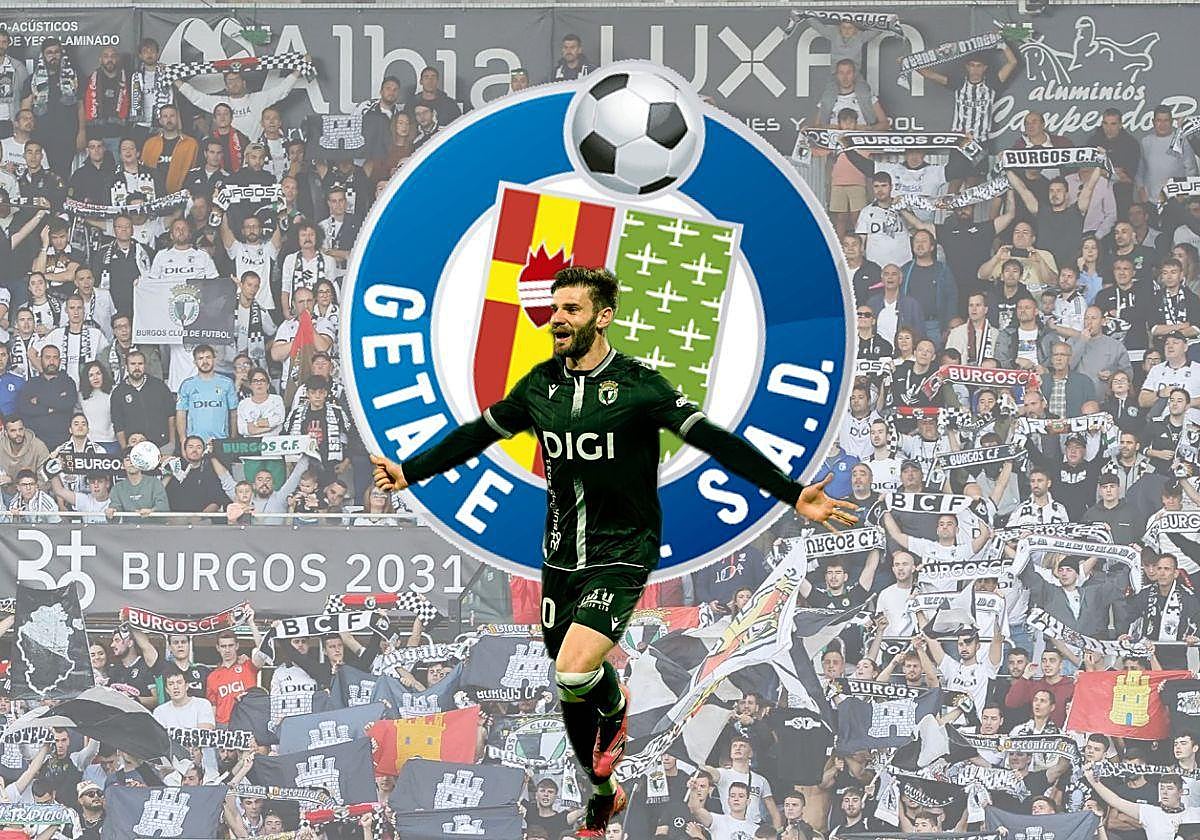 Imágen de Mario González junto al escudo del próximo rival del Burgos CF, el Getafe CF.