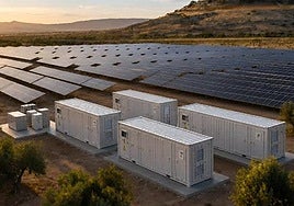 Infografía de un proyecto fotovoltaico con baterías BESS.