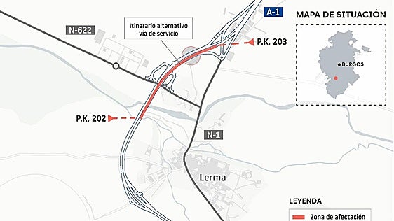 Las afeccciones al tráfico que sufrirá la A-1 en Burgos por las obras de rehabilitación de un paso superior