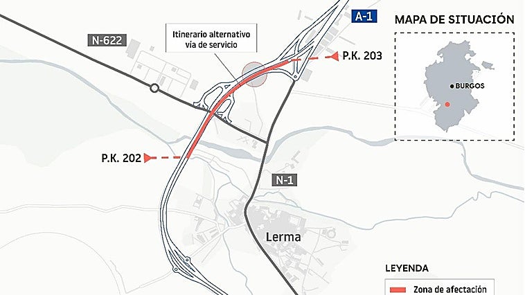 Las afeccciones al tráfico que sufrirá la A-1 en Burgos por las obras de rehabilitación de un paso superior