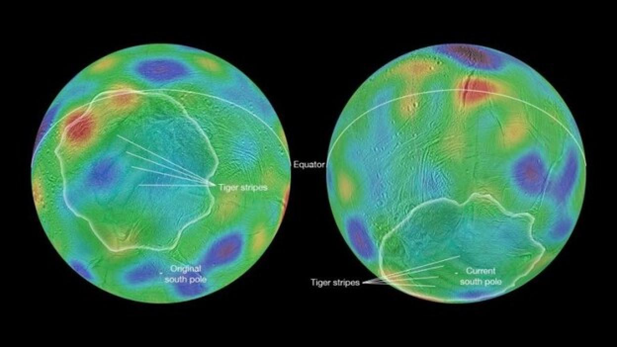 La luna Encélado está medio de lado debido a una colisión