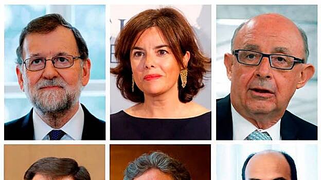 De izquierda a derecha y de arriba abajo, el expresidente del Gobierno Mariano Rajoy, la exvicepresidenta del Gobierno Soraya Sáez de Santamaría, el exministro de Hacienda Critóbal Montoro, el ex número dos de del Interior, José Antonio Nieto, el exdelegado del Gobierno en Cataluña Enric Millo y el exsubsecretario del Ministerio de Hacienda Felipe Martínez Rico. Los cargos políticos abundan en la lista de alrededor de 600 testigos. / Efe.