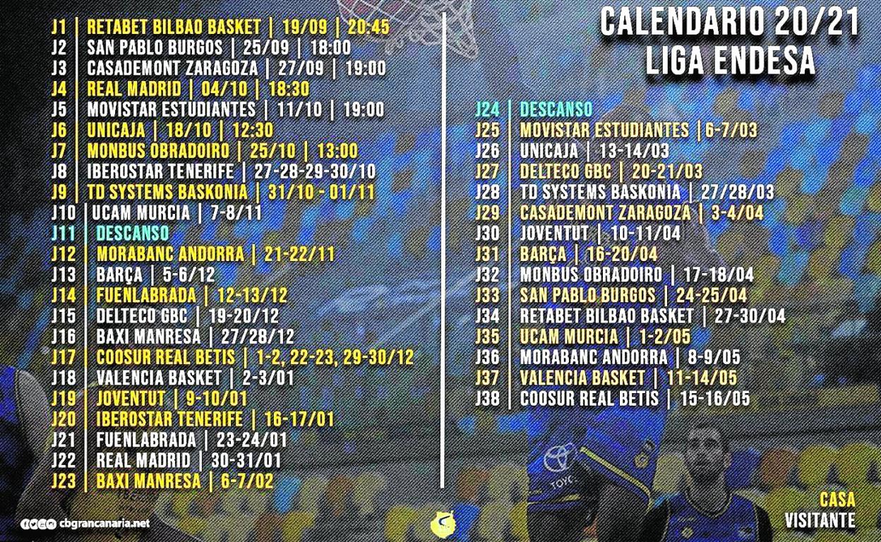 El Gran Canaria facilitó el calendario de la ACB con las jornadas a disputar. Las primeras siete fechas están en horario peninsular. 