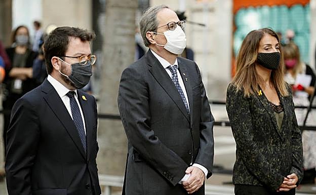 Quim Torra, Pere Aragonès y Meritxell Budó, en los actos de la Diada.