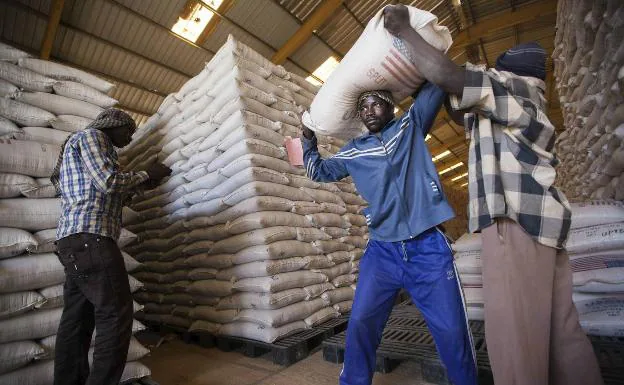 Miembros del Programa Mundial de Alimentos cargan sacos en un almacén de El Fasher (Sudán). 