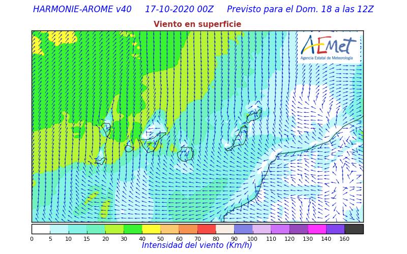 Evolución del viento a partir del mediodía de este domingo. 