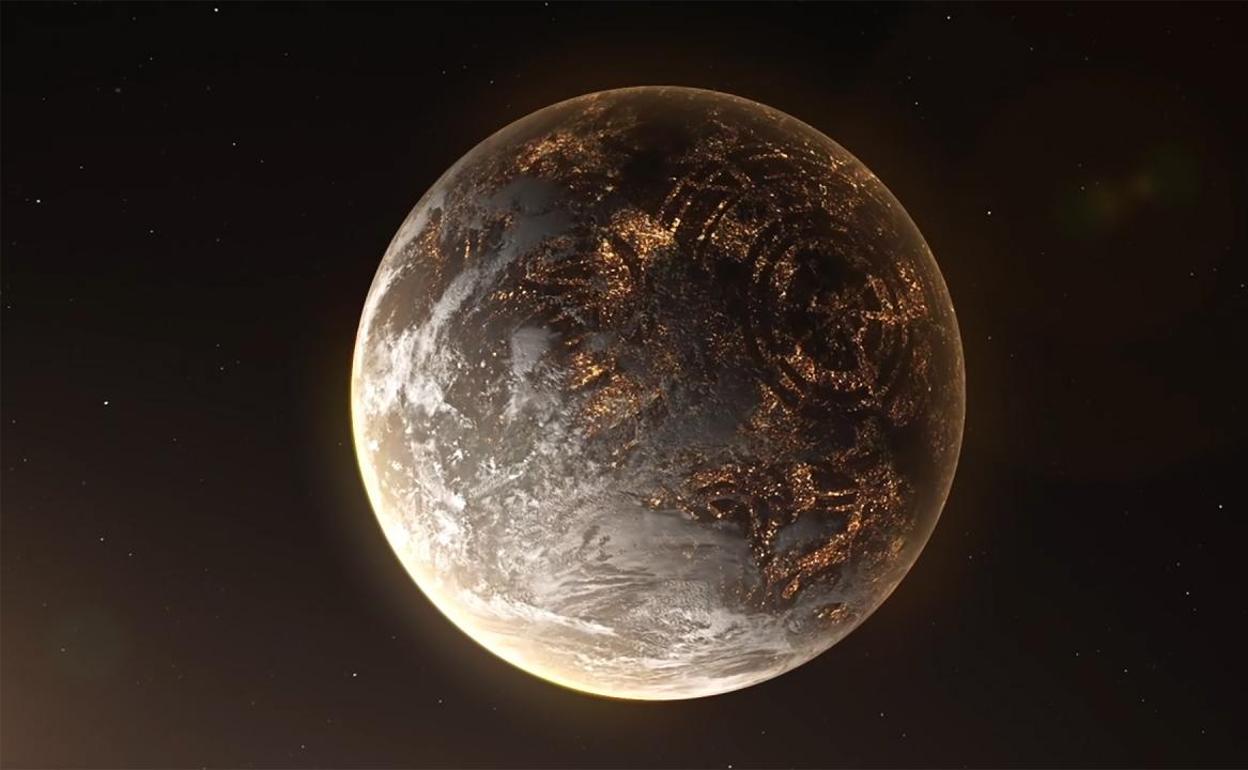 Recreación artística de un hipotético exoplaneta con luces artificiales en el lado nocturno./ Rafael Luis Méndez Peña/Sciworthy.com