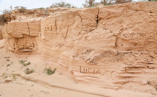 Una de las tantas dunas fósiles del yacimiento paleontológico de Lajares con grabados y rayaduras. / JAVIER MELIÁN / ACFI PRESS
