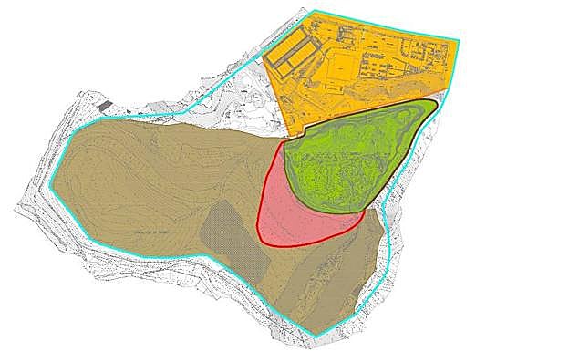 La mancha rosada es la fase 4 del depósito, la marrón es el vertedero sellado y la verde es el que está en explotación. 