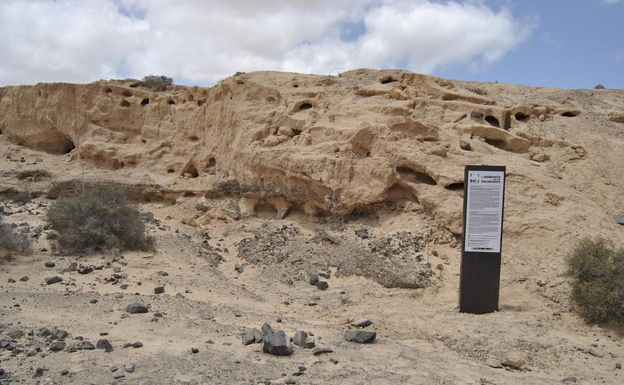 Uno de los totems informativos en las dunas fósiles que conforman el yacimiento paleontológico. 