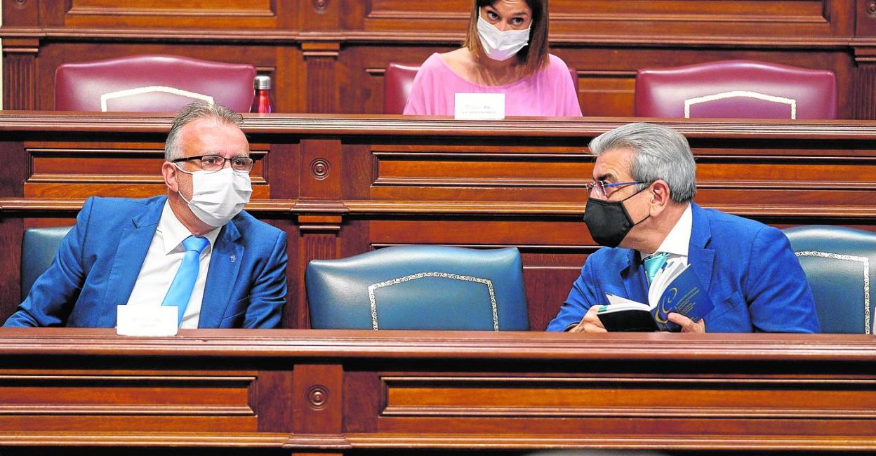 El presidente Ángel Víctor Torres y el vicepresidente Román Rodríguez -con el Estatuto de Autonomía en las manos- durante el pleno. 