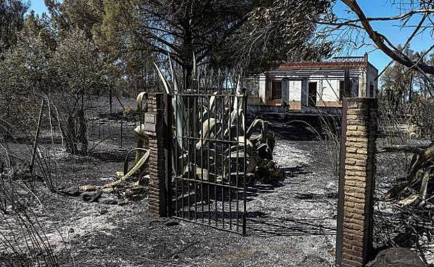 Imagen principal - Restos de una casa calcinada en la localidad onubense de Villarrasa; El incendio de la localidad albaceteña de Hellín; Medios aéreos, durante las labores de extinción del incendio 