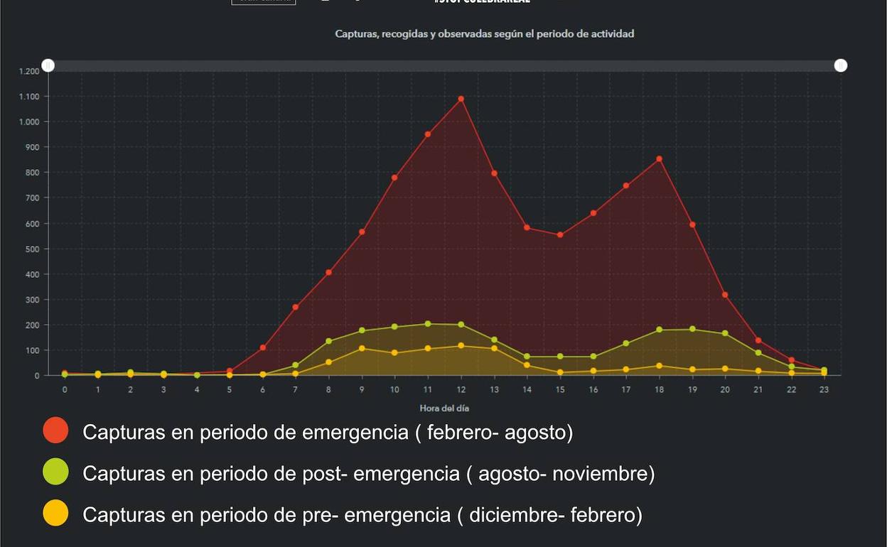 Gráfico editado por el proyecto PostLife Lampropeltis sobre las capturas según el periodo de actividad. 
