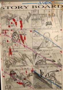 Imagen secundaria 2 - Dibujo de la nave 'Virgen del Carmen' de 'Acción mutante', el director a la cámara rodando su primer cortometraje en Súper-8 y story board de 'Mirindas asesinas'. 