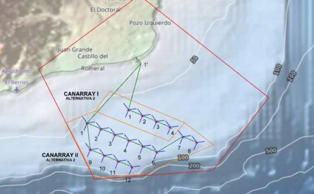 Ubicación prevista para los proyectos Canarray I y Canarray II de la empresa Enerocean en aguas del Sur. 