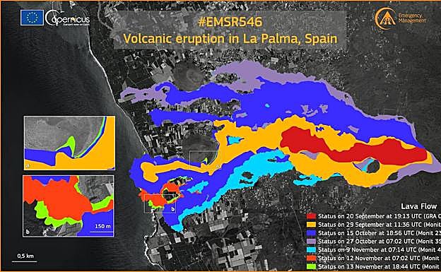 La lava afecta ya a 1.042 hectáreas y 2.623 edificaciones, según Copernicus
