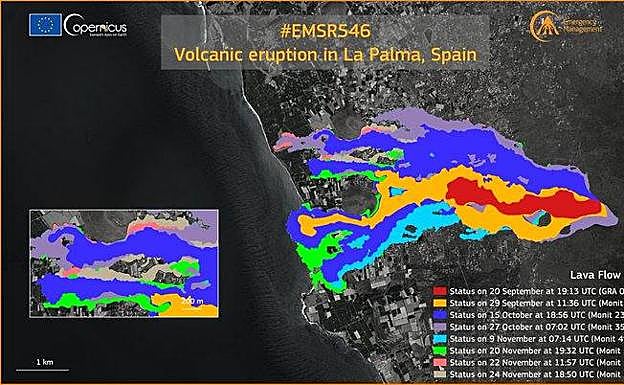 Copernicus cifra en 2.695 edificaciones y 1.094 las hectáreas afectadas por la lava