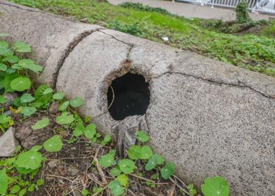 Imagen secundaria 1 - Arriba, Agustín Sosa señala el estado de su muro. Sobre estas líneas, la tubería que cree origina el problema.