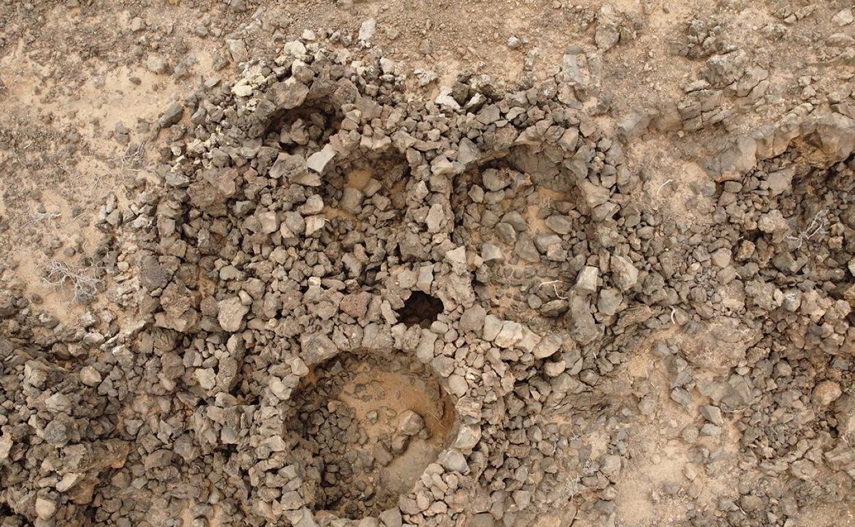 Cuatro de las casi 150 estructuras del yacimiento arqueológico. 