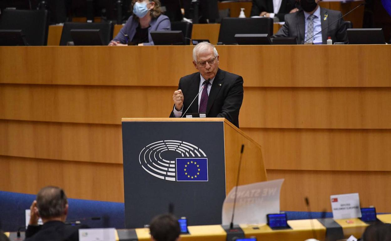 Josep Borrel, el pasado martes en su intervención ante el Parlamento Europeo para abordar la guerra en Ucrania.