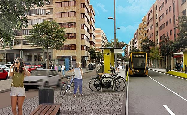 Recreación del paso de la MetroGuagua por la nueva configuración que tiene la calle Luis Doreste Silva. 
