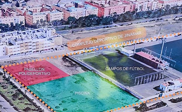 Imagen principal - Imágenes del acto de colocación de la primera piedra del pabellón polideportivo de Jinámar. 