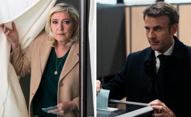 Marine Le Pen y Emmanuel Macron tras ejercer con su derecho de voto.