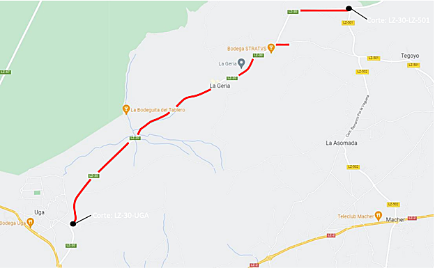 Mapa de la zona cortada por carretera. 