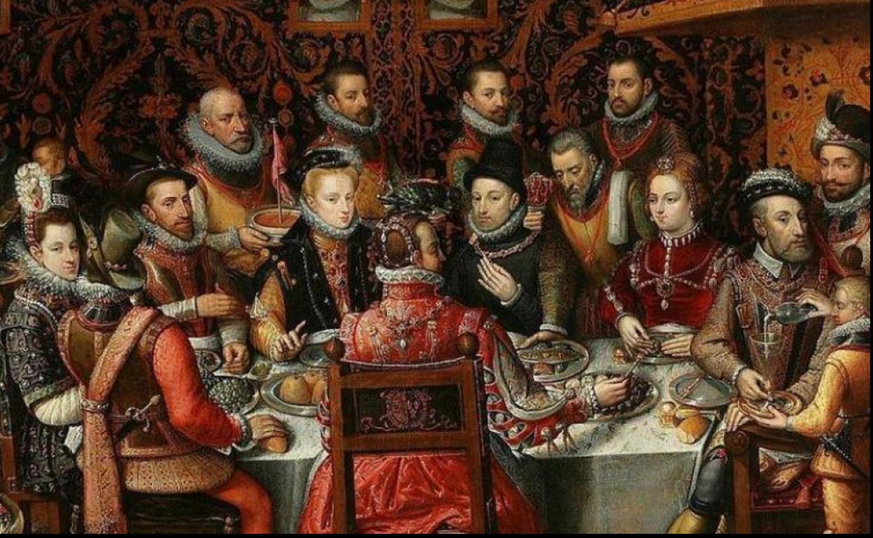El banquete real (Alonso Sánchez Coello, 1579) en el que aparece Felipe II rodeado de familiares y cortesanos.