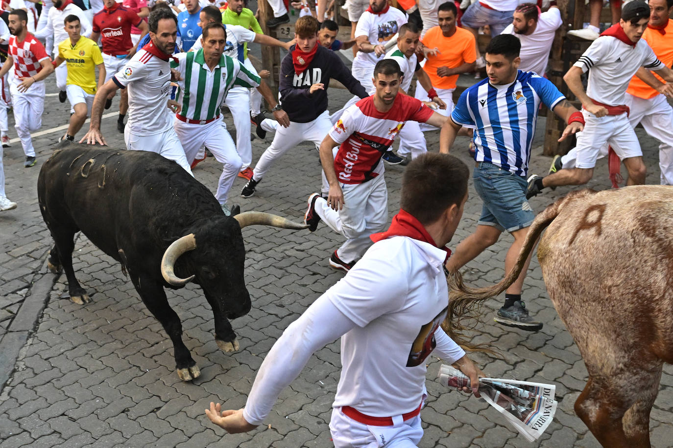Los toros de la ganadería pacense de Jandilla a su paso por el tramo de Telefónica.