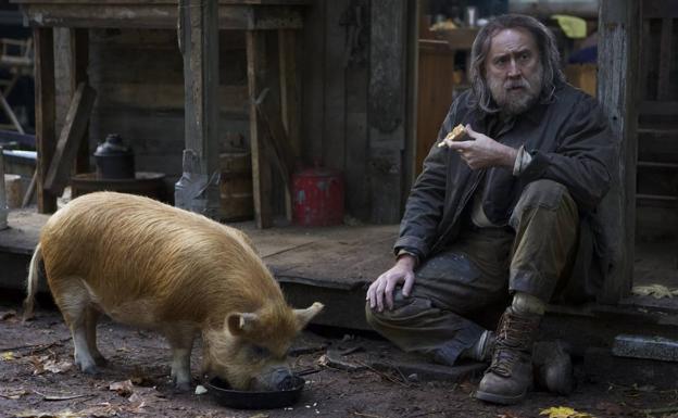 Nicolas Cage y la cerda Brandy en 'Pig'.
