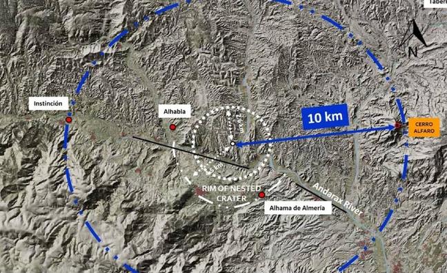 Localización del centro del cráter y radio 20 kilómetros de la zona afectada por el impacto en la cuenca Alhabia-Tabernas./Sánchez-Garrido et al 2022