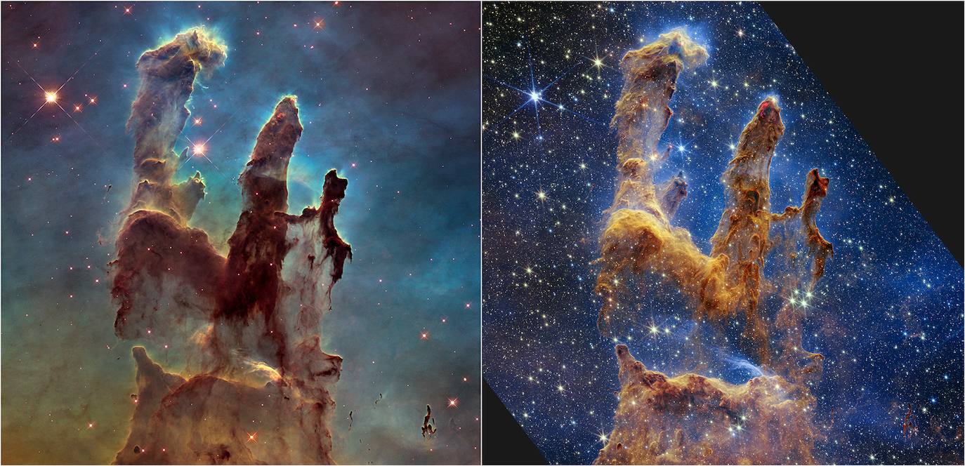 Los Pilares de la Creación, en la imagen del Hubble de 2014 y la actual del James Webb. 