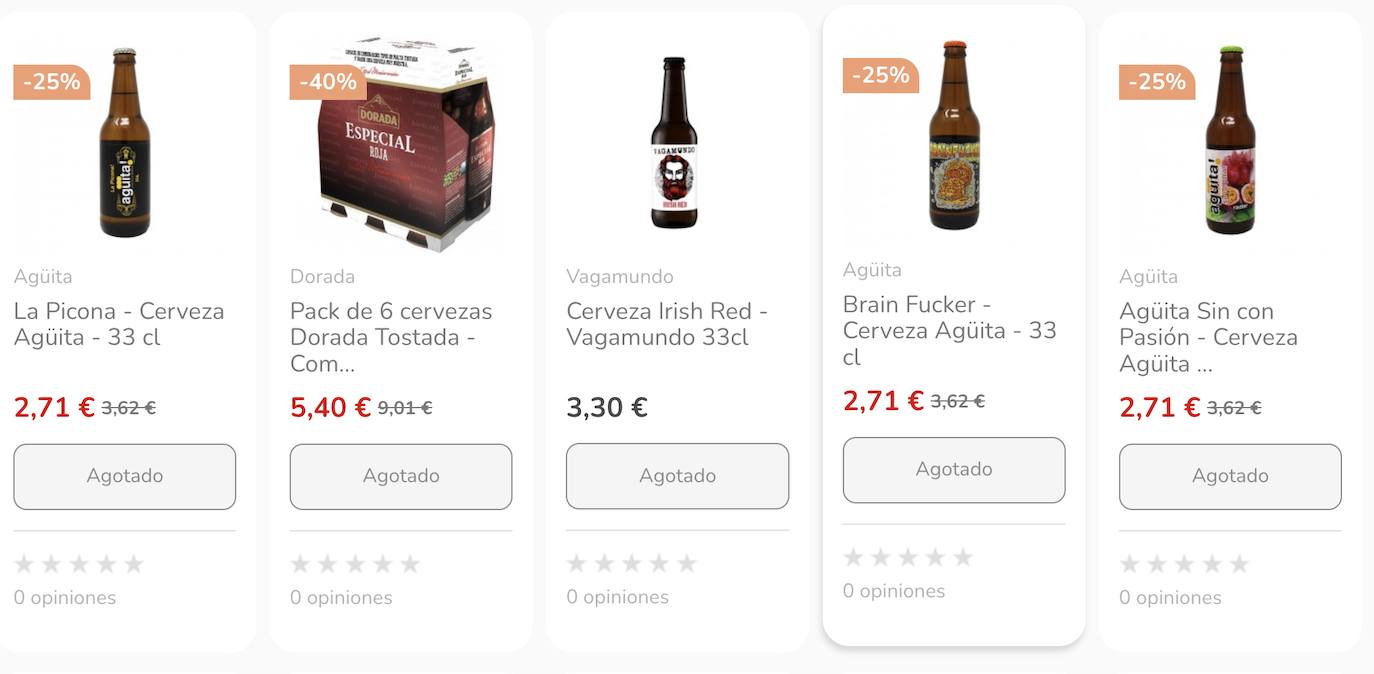 Imagen de la web con algunos ejemplos de productos, con un precio muy superior al de tienda y agotados.