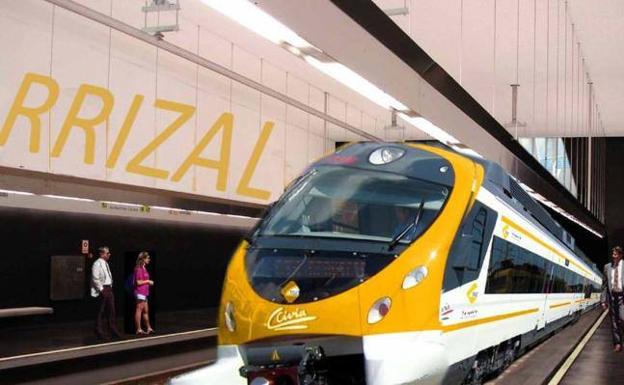 Recreación del tren llegando a la estación de la línea ferroviaria prevista en Carrizal. 