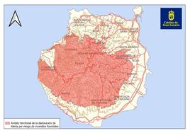 Mapa de Gran Canaria con la zona afectada por la declaración de alerta en rojo.