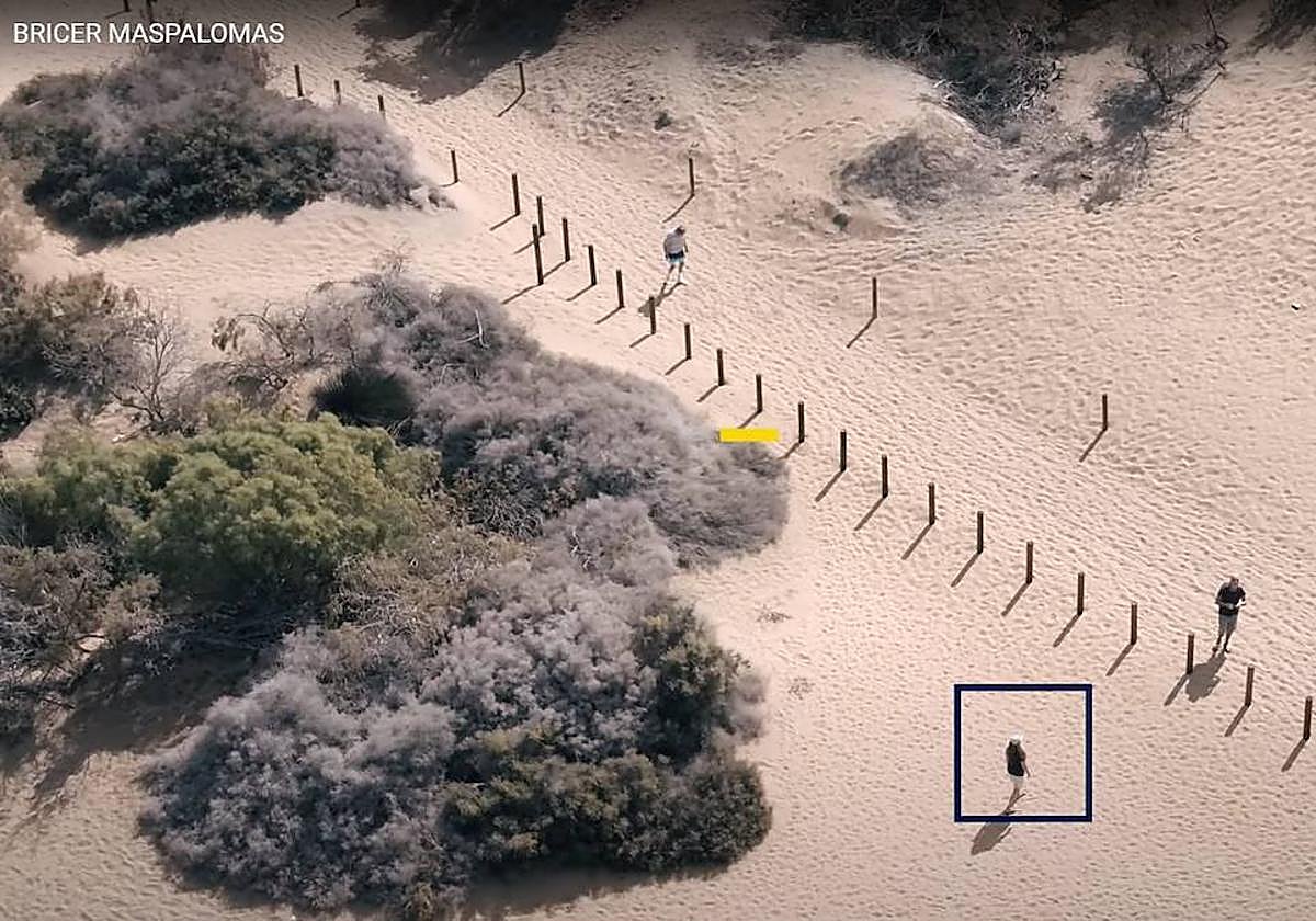 Control con drones de los senderos de las Dunas de Maspalomas para evitar el tránsito fuera de ellos.